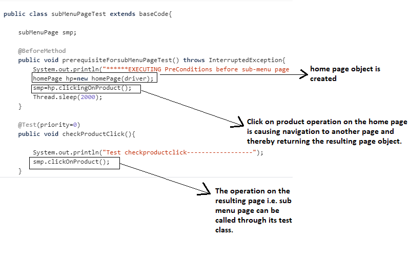 page navigation in pom test class calling methods of its page class